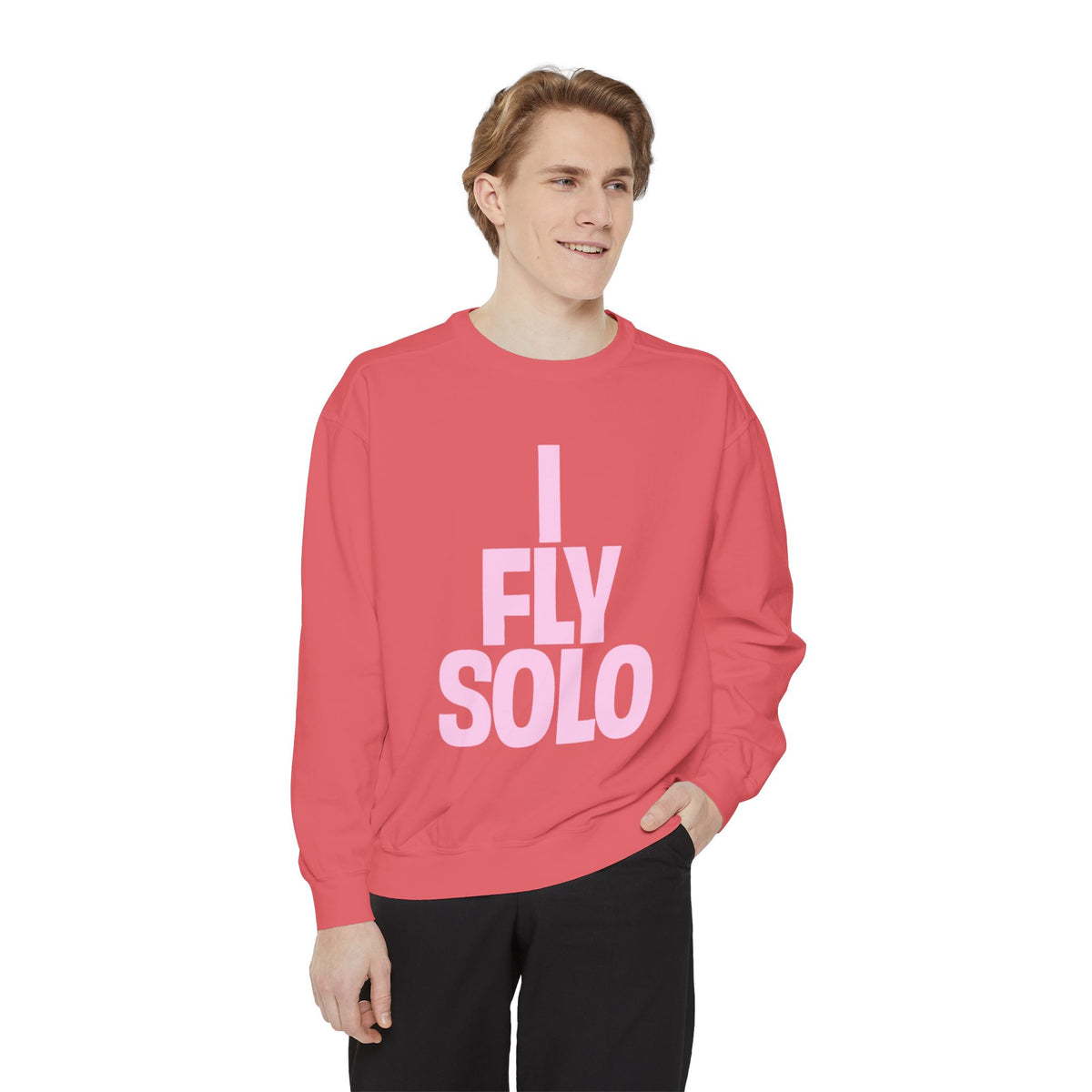 Person wearing a red sweatshirt with 'I FLY SOLO' text on a white background