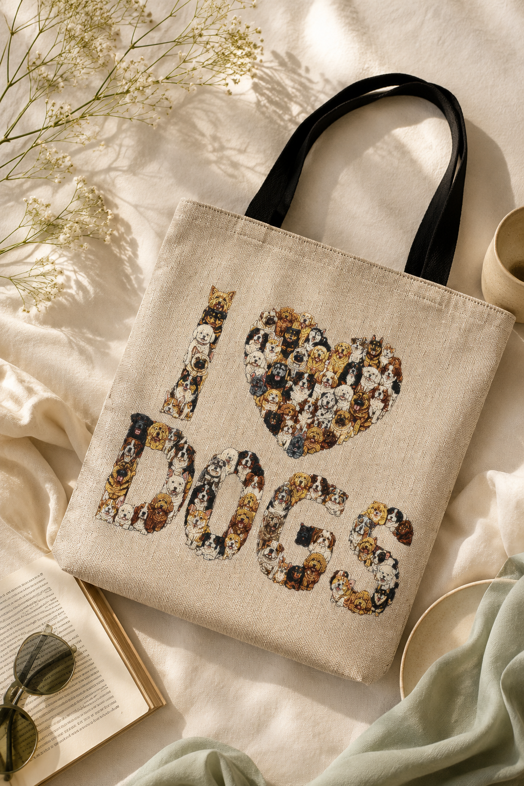 I Love Dogs woven tote bag displayed in a soft editorial flat lay with natural light, books and neutral lifestyle accessories