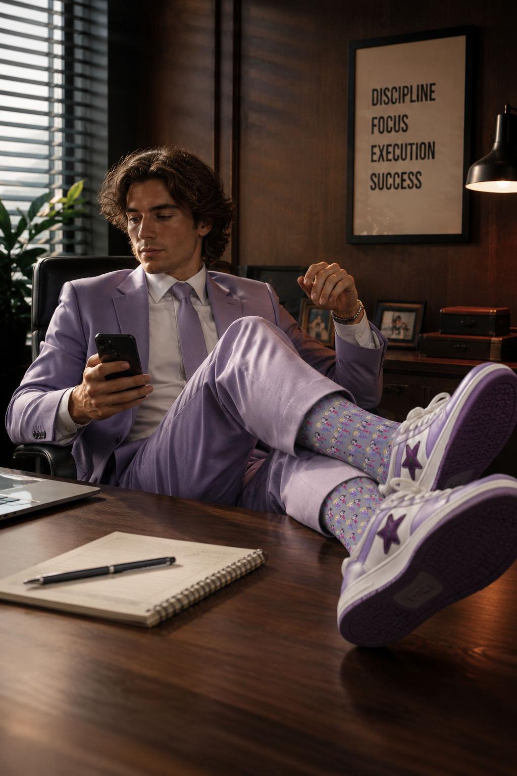 Editorial lifestyle image featuring Lily & Matthew patterned crew socks in a creative workspace setting.