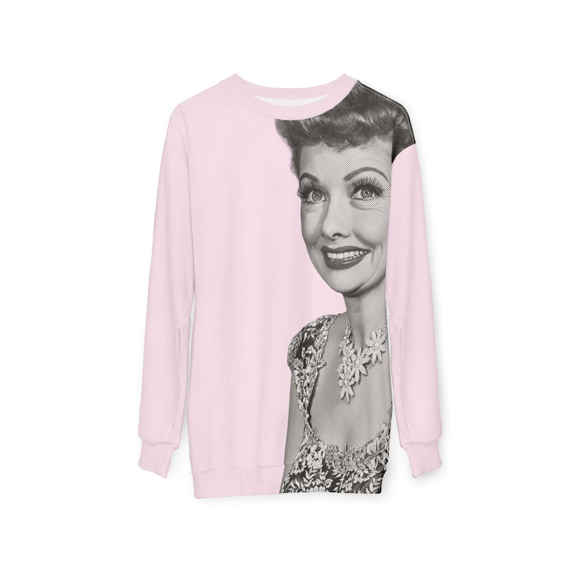 Pink Lucille Ball vintage portrait sweatshirt hanging with black and white halftone graphic
