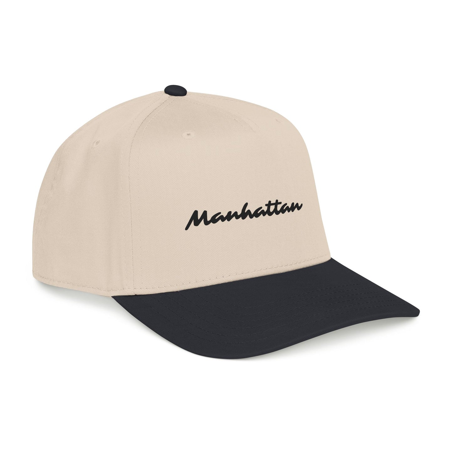 Side-angle view of the Manhattan Baseball Cap – Two-Tone featuring a charcoal visor.