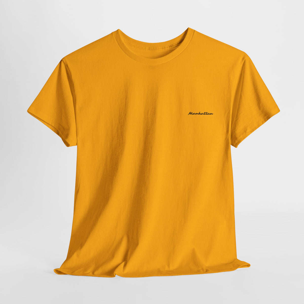 Front view of a golden yellow Manhattan crewneck T-shirt with a small black script chest print.
