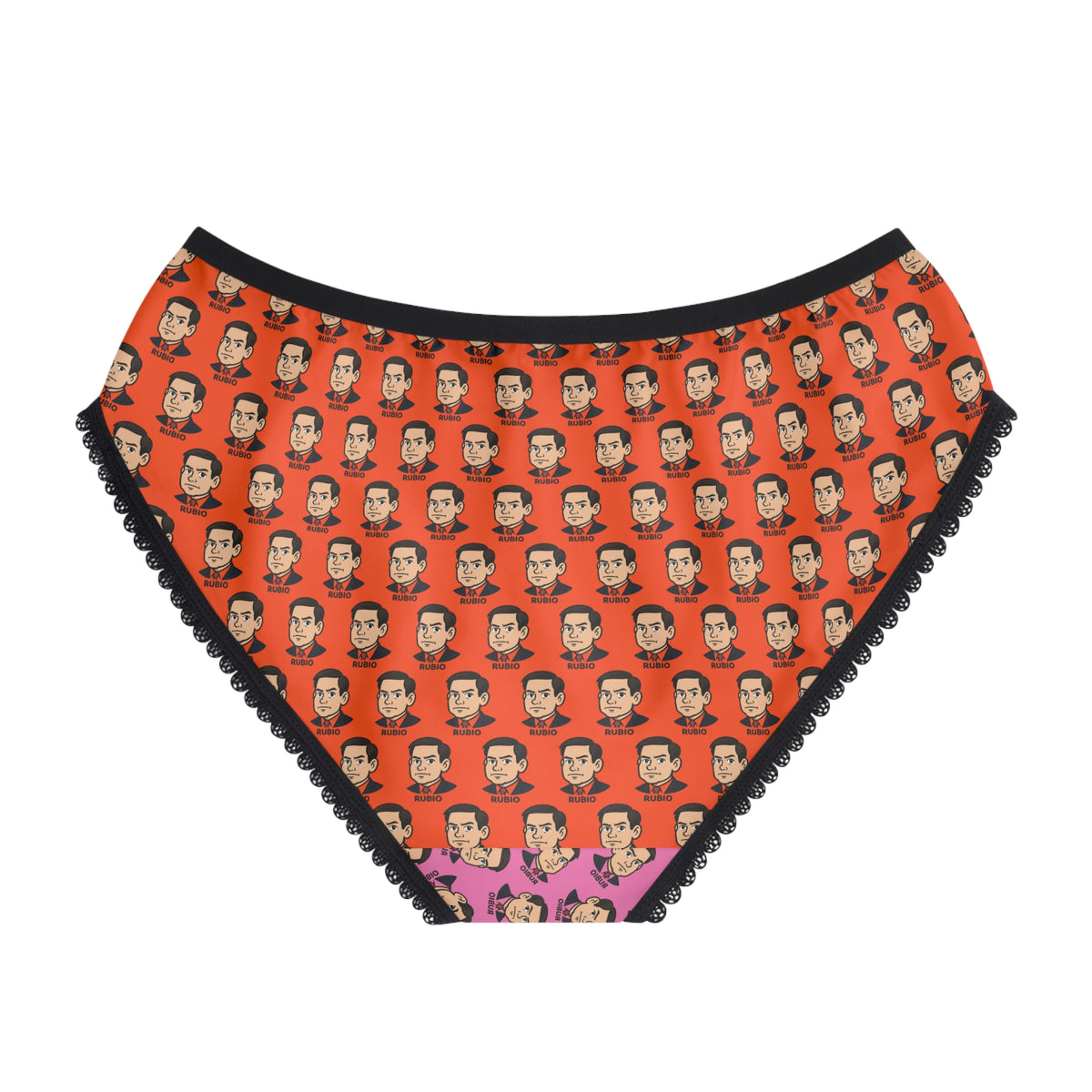 Back view of Marco Rubio political parody panties with orange graphic print and black trim