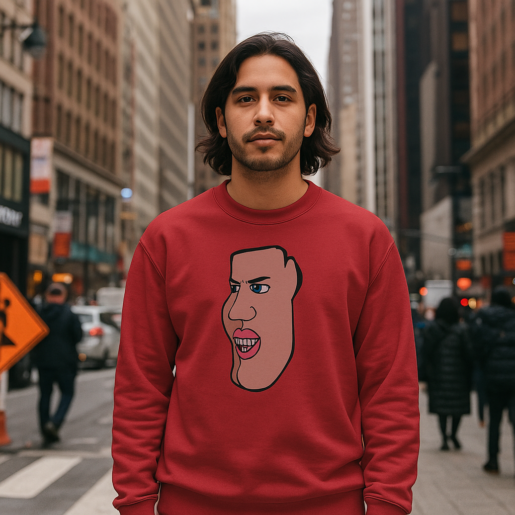 Man wearing red abstract art sweatshirt in urban New York street style editorial portrait.