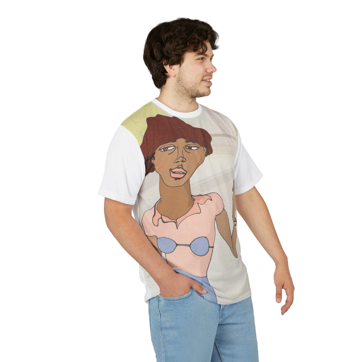 Angled view of a man wearing the Morenita graphic T-shirt, showing the portrait print and white short sleeves.