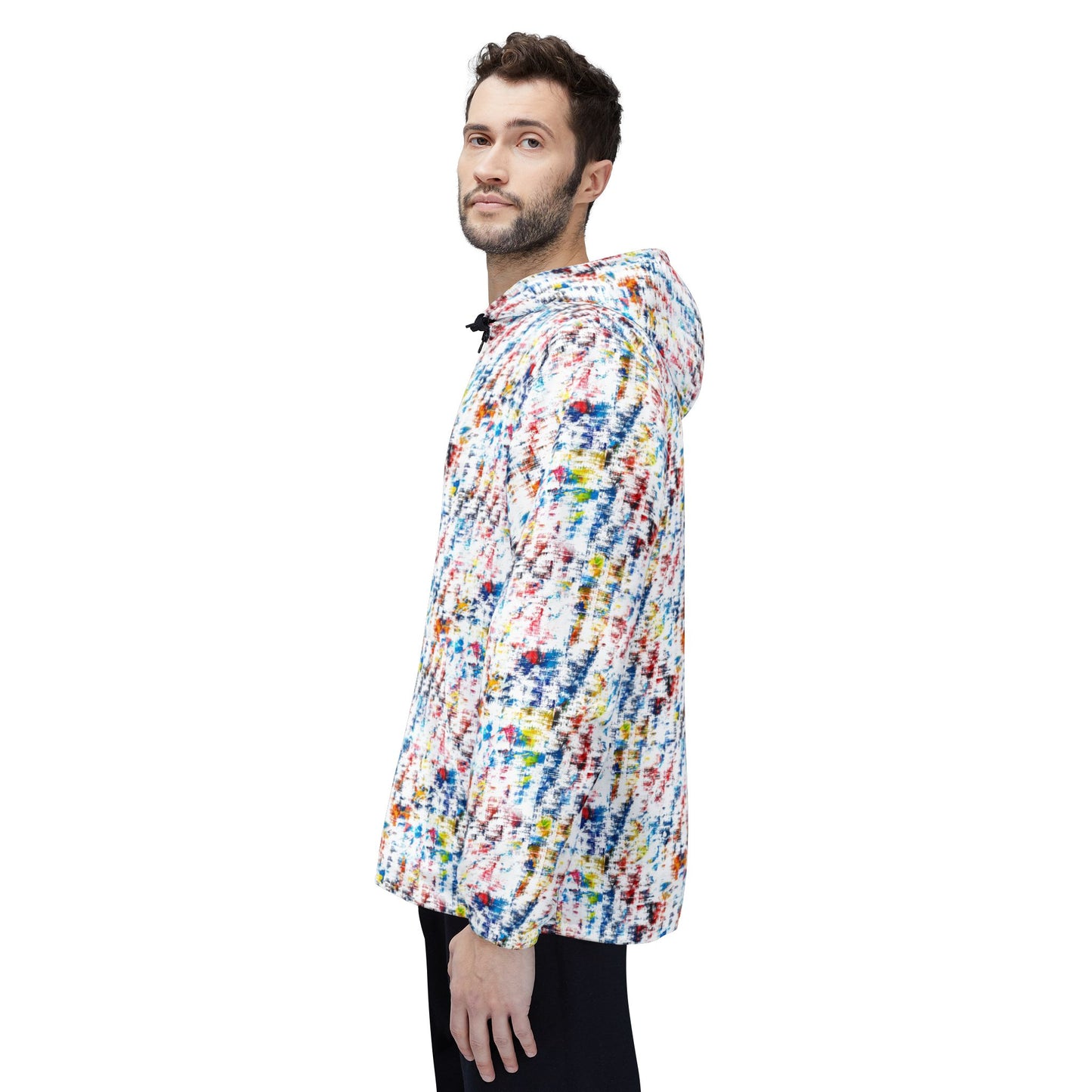 Male model wearing multicolor abstract print unisex windbreaker jacket side view
