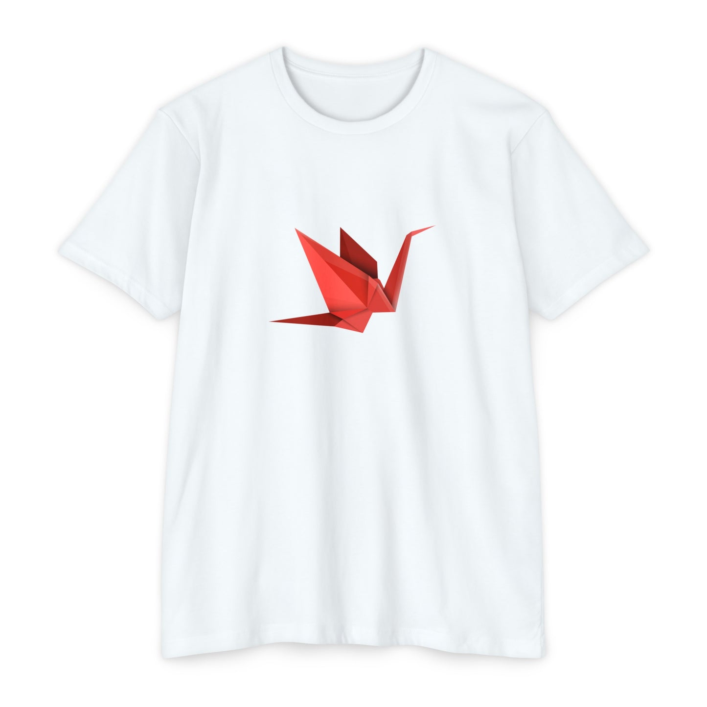Front view of the white Origami Crane T-Shirt featuring a minimalist red origami crane artwork inspired by Japanese paper folding.