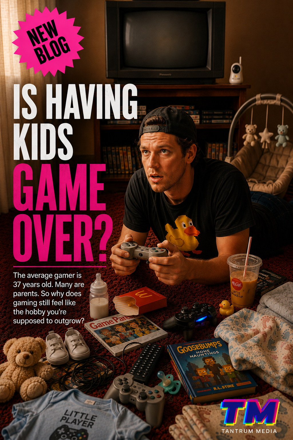 Parent gamer playing video games surrounded by baby items in a gaming and parenthood editorial exploring modern parent gamer culture.