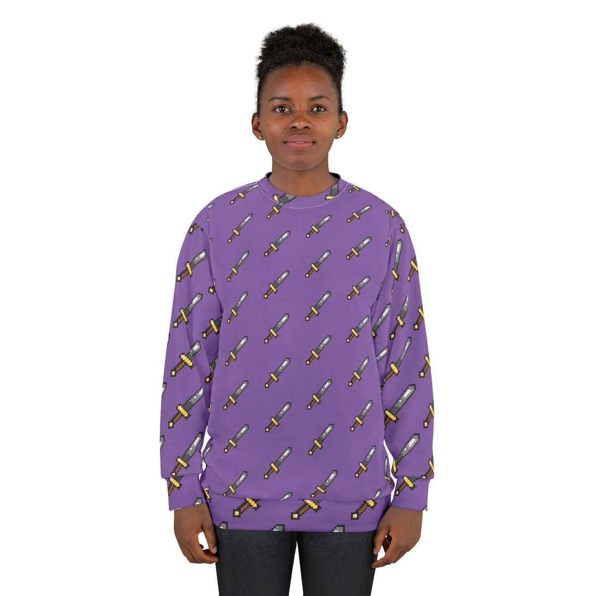 Woman wearing purple pill pattern sweatshirt with repeating yellow graphic design