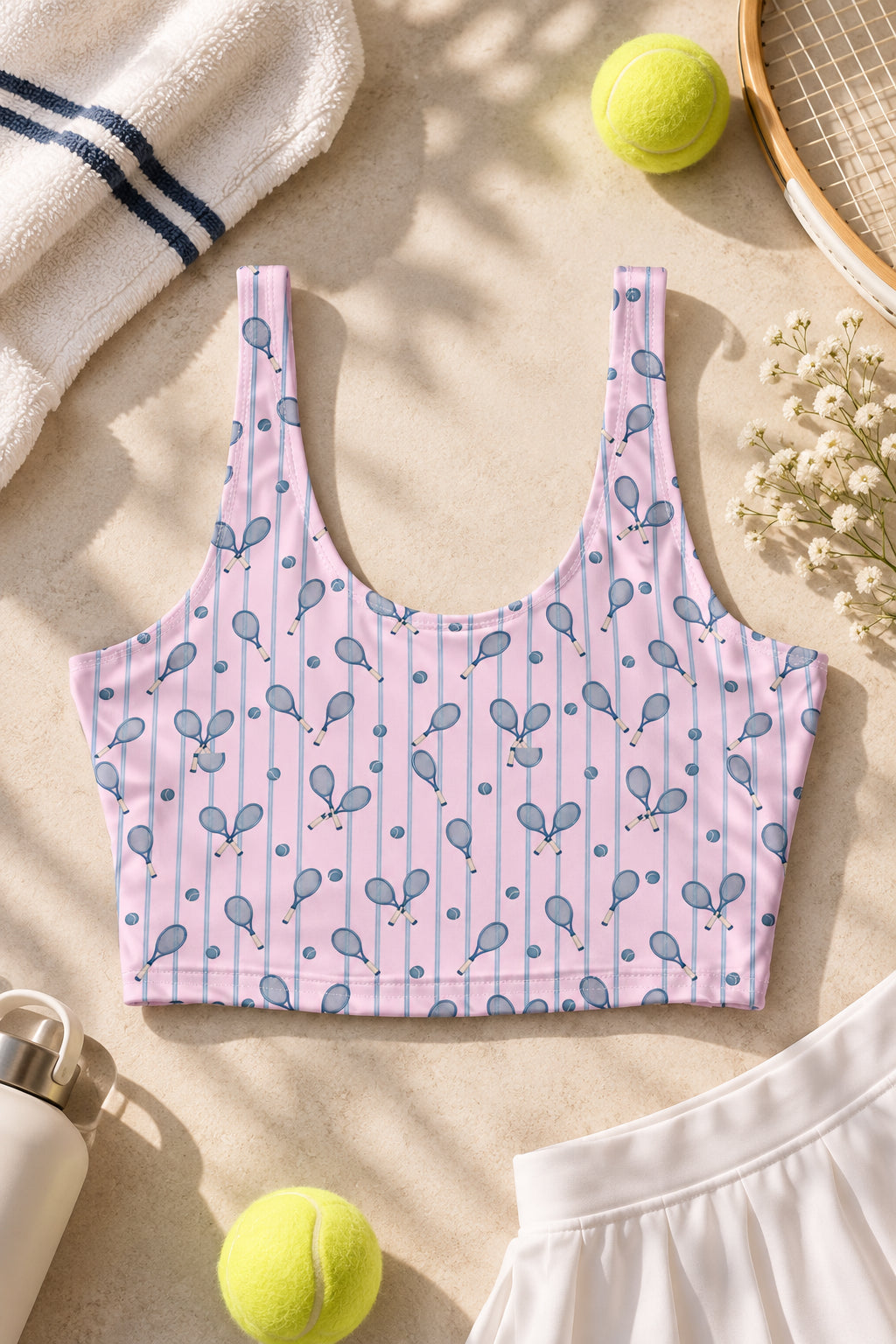 Pink and blue tennis print sports bra styled with a white tennis skirt, tennis racket, tennis balls and towel on a sunlit beige background.