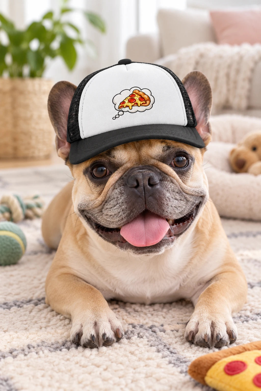 French Bulldog wearing the black Pizza Dream dog trucker hat with pizza thought bubble design
