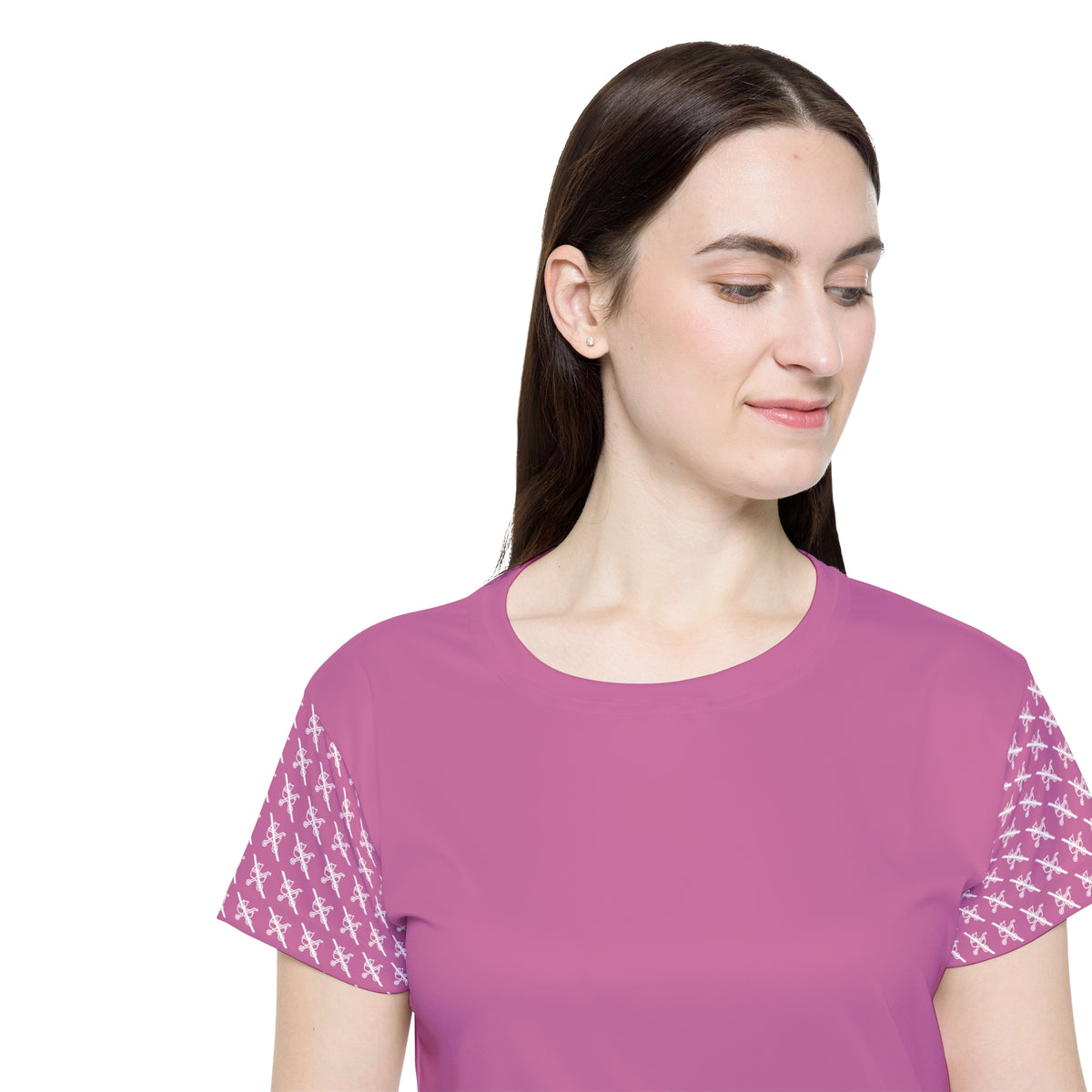 Close-up of the pink Proudly Childless Women’s Jersey showing the crew neck and sleeve pattern