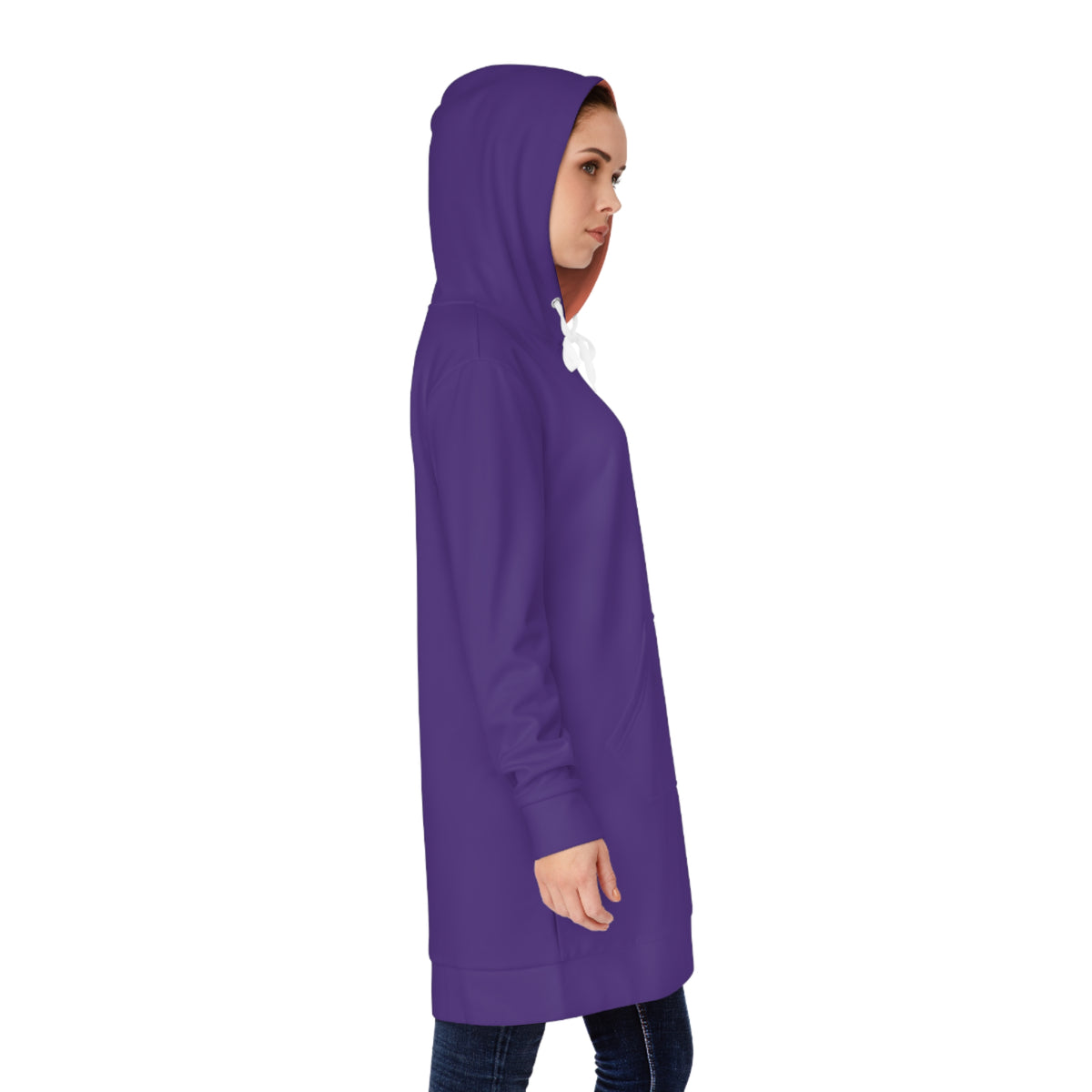 Side view of woman wearing purple hoodie dress showing length and hood profile