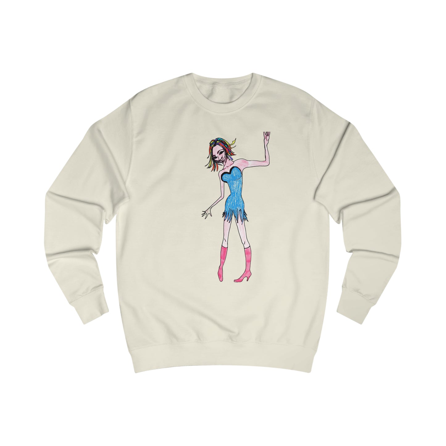 Front view of the cream Rainbow Nights Unisex Sweatshirt featuring vibrant hand-drawn character artwork.