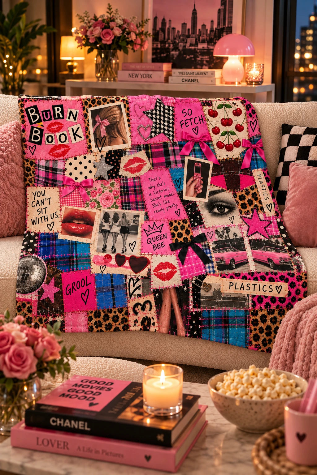 Tantrum Media Regina George Burn Book Sweatshirt Blanket displayed on a cream sofa in a cozy living room with pink accents and retro Y2K decor.
