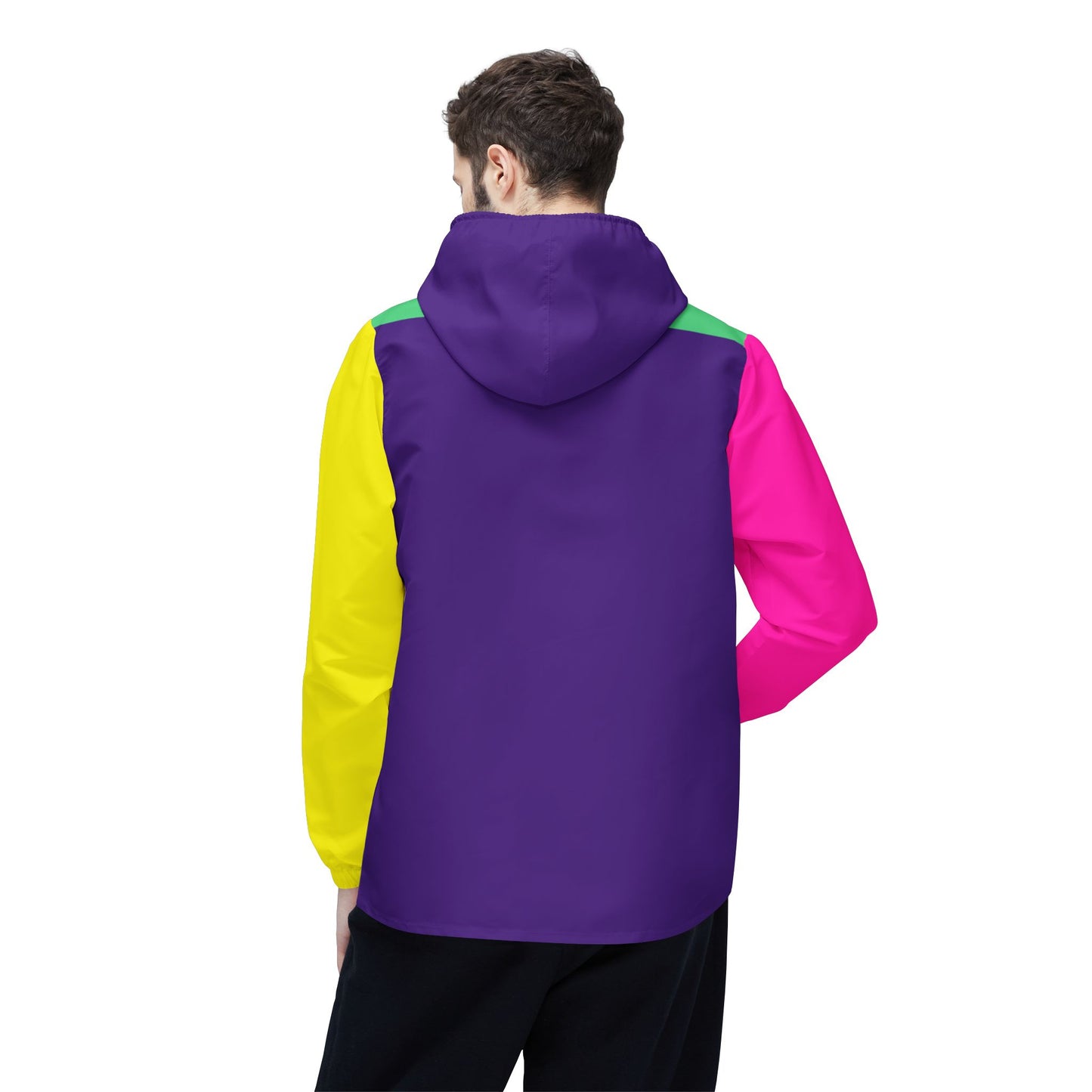 Back view of person wearing the color-block windbreaker with hood.