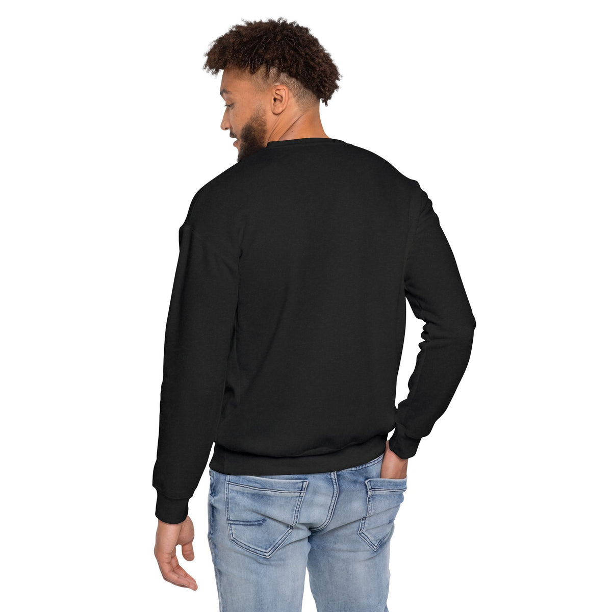 Back view of male model wearing the Roger black crewneck sweatshirt.