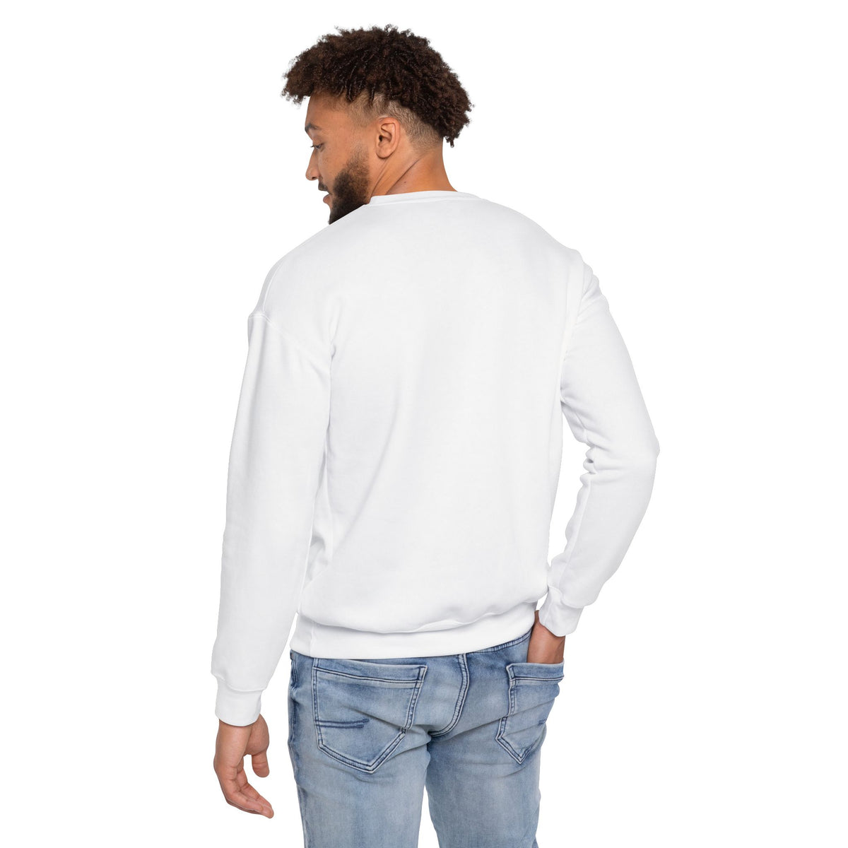 Back view of male model wearing the Roger white crewneck sweatshirt.