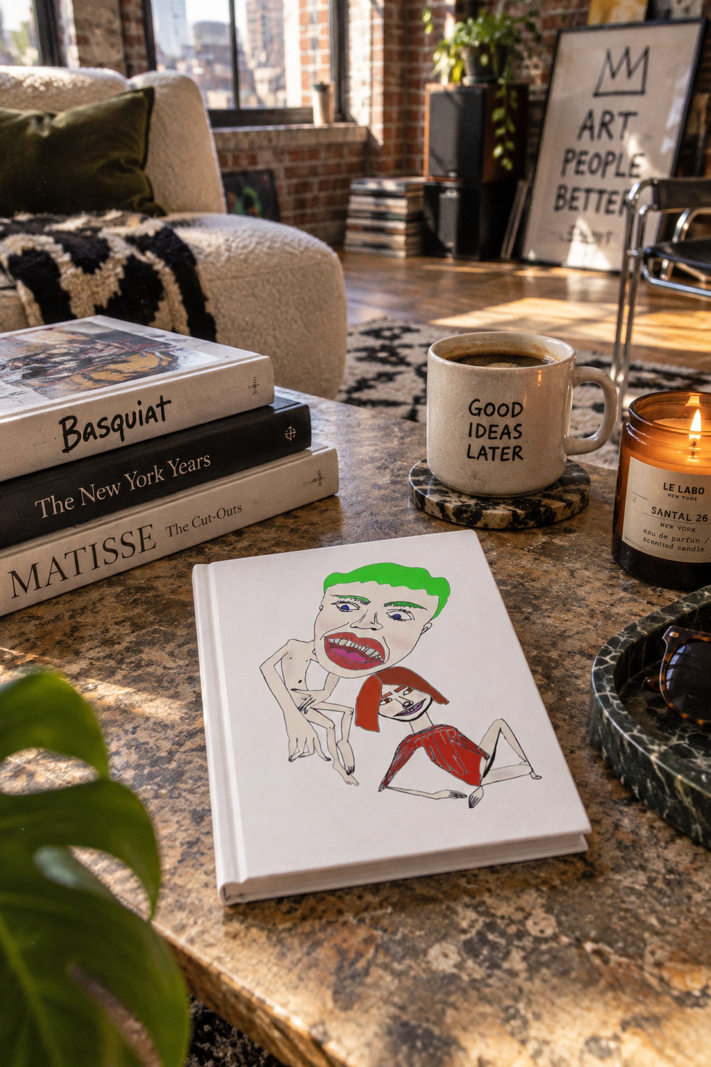 Scramble hardcover lined journal styled on a coffee table in a New York SoHo loft