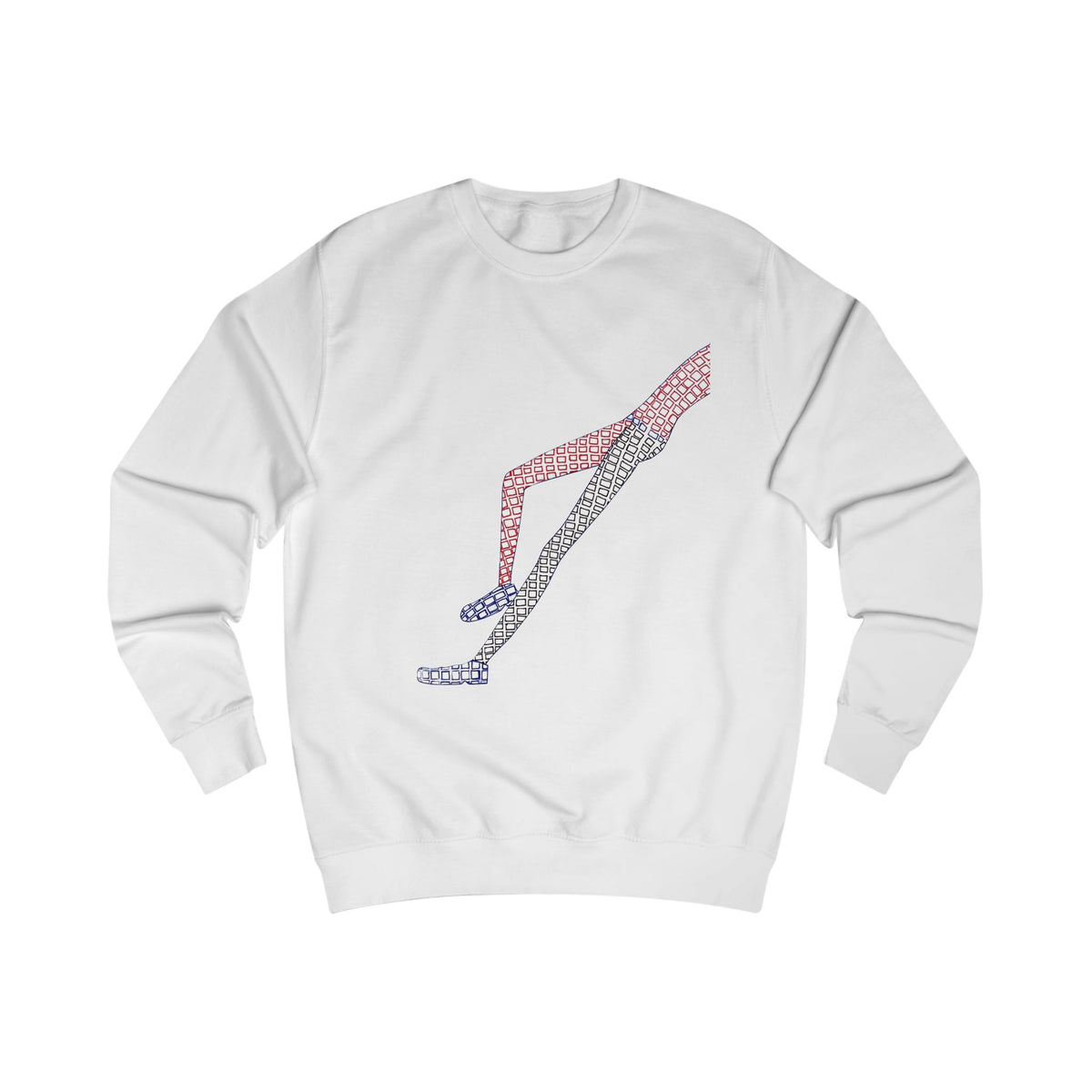 Front view of white Shapes in Shapes graphic sweatshirt with hand-drawn abstract artwork.