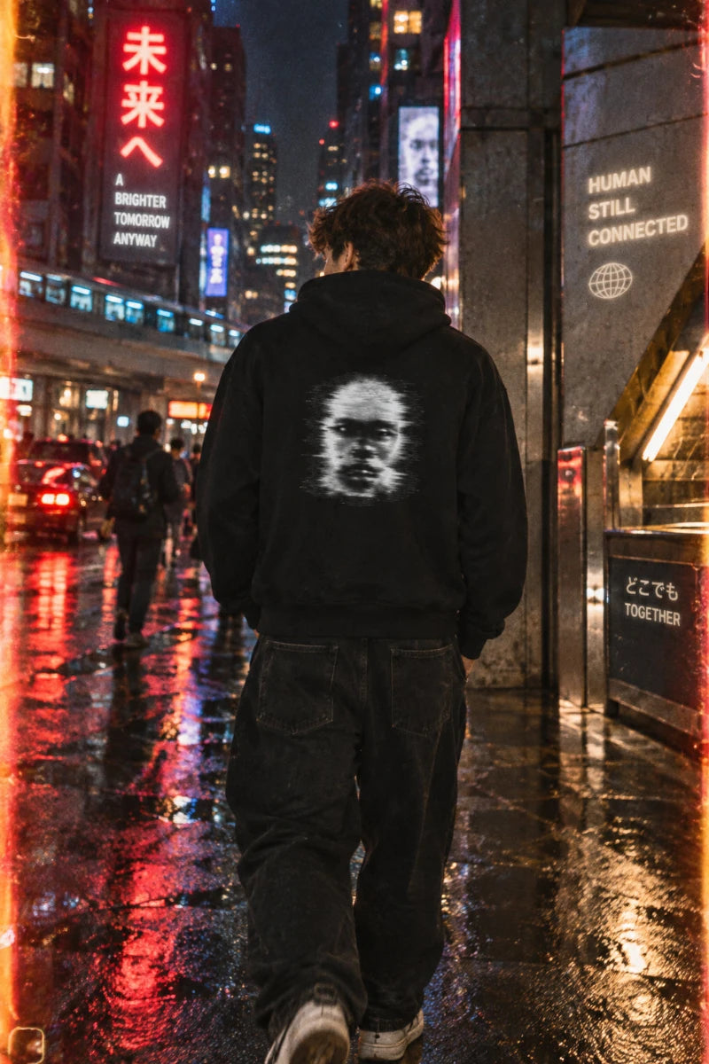 Male Gen Z wearing the Signal Ghost organic graphic hoodie in a neon-lit rainy city, back view lifestyle mockup
