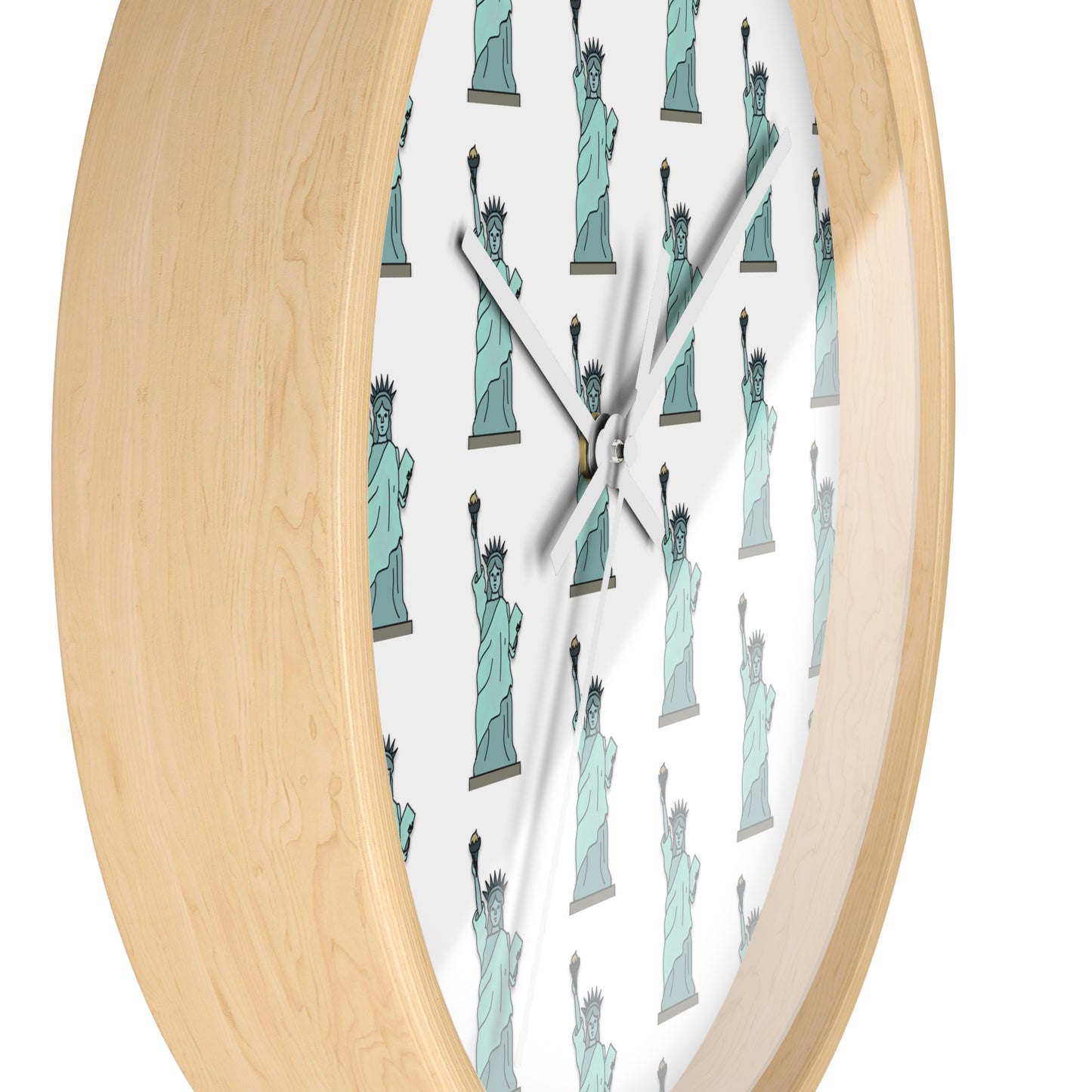 Close side view of the Statue of Liberty wall clock with natural wood frame