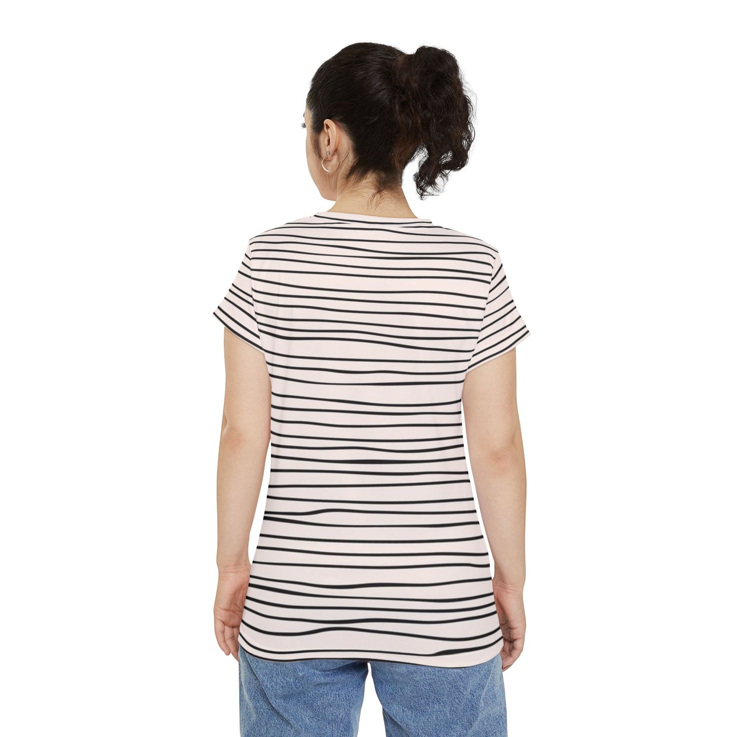 Black and white striped t shirt back view on model