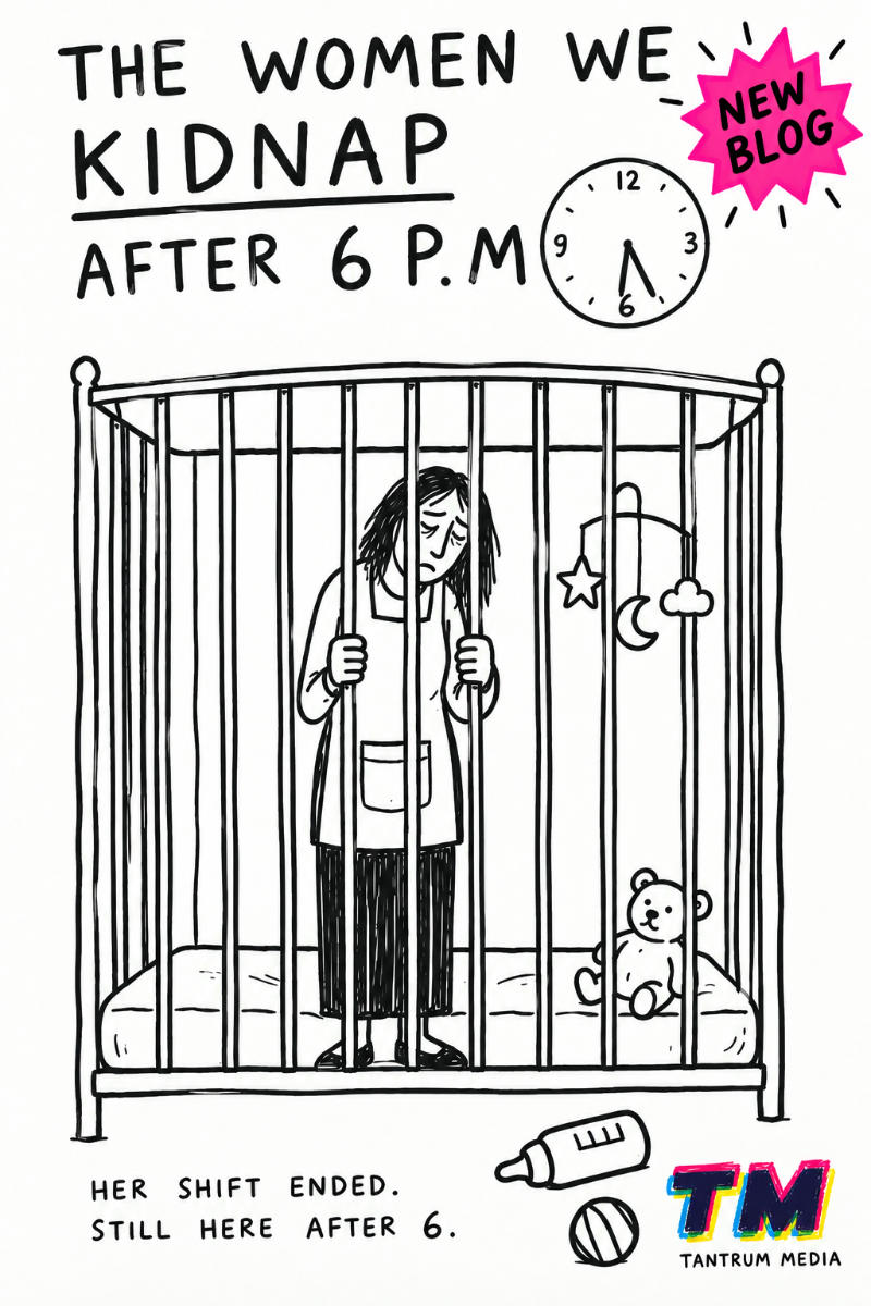 Illustrated cover of The Women We Kidnap After 6 P.M., featuring a nanny behind crib bars resembling a prison cell, symbolizing childcare exploitation, domestic workers’ rights, and the struggle for work-life balance.
