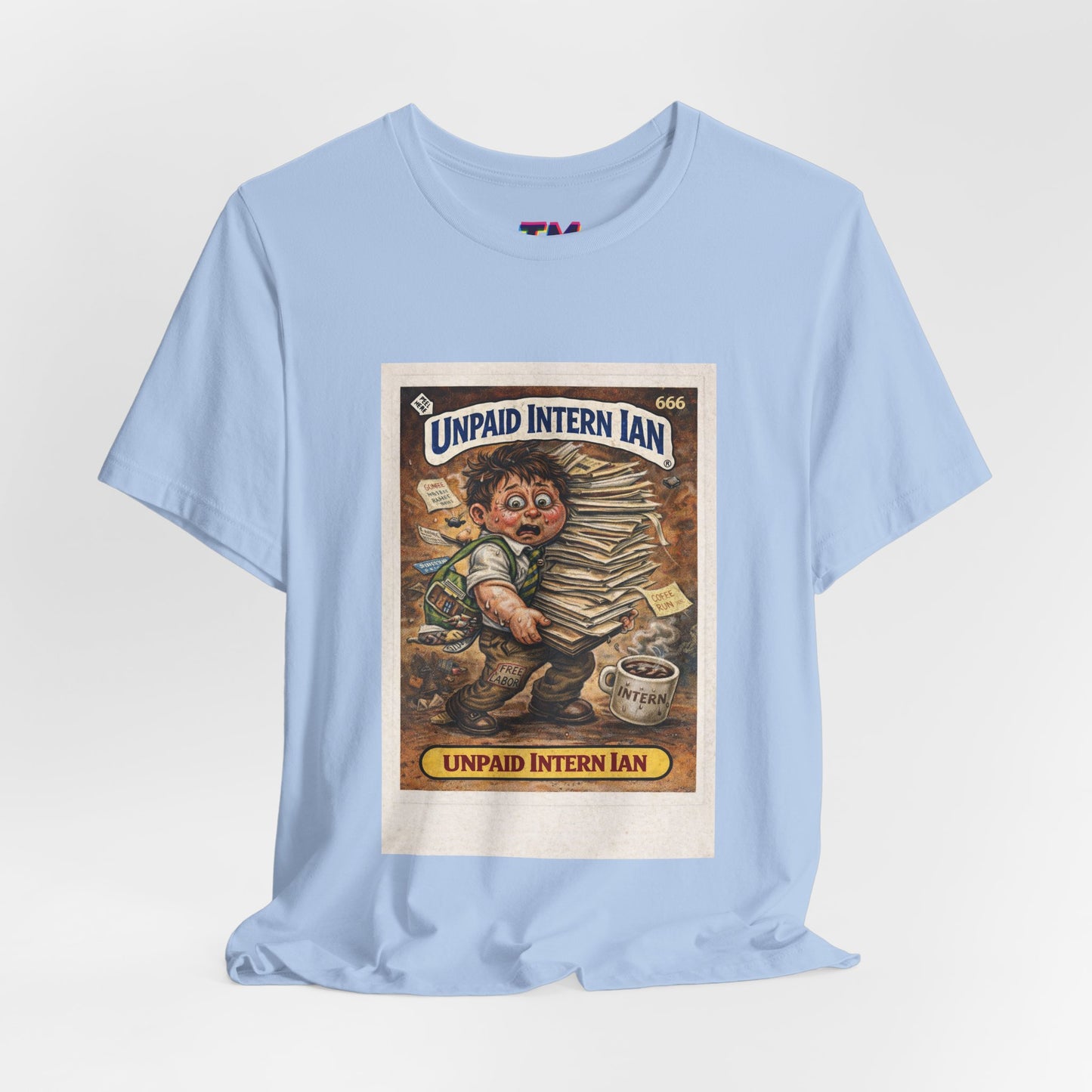 Unpaid Intern Ian light blue unisex graphic T-shirt featuring retro-inspired corporate satire artwork of an overworked intern carrying paperwork on soft pastel blue cotton fabric against a light gray background.