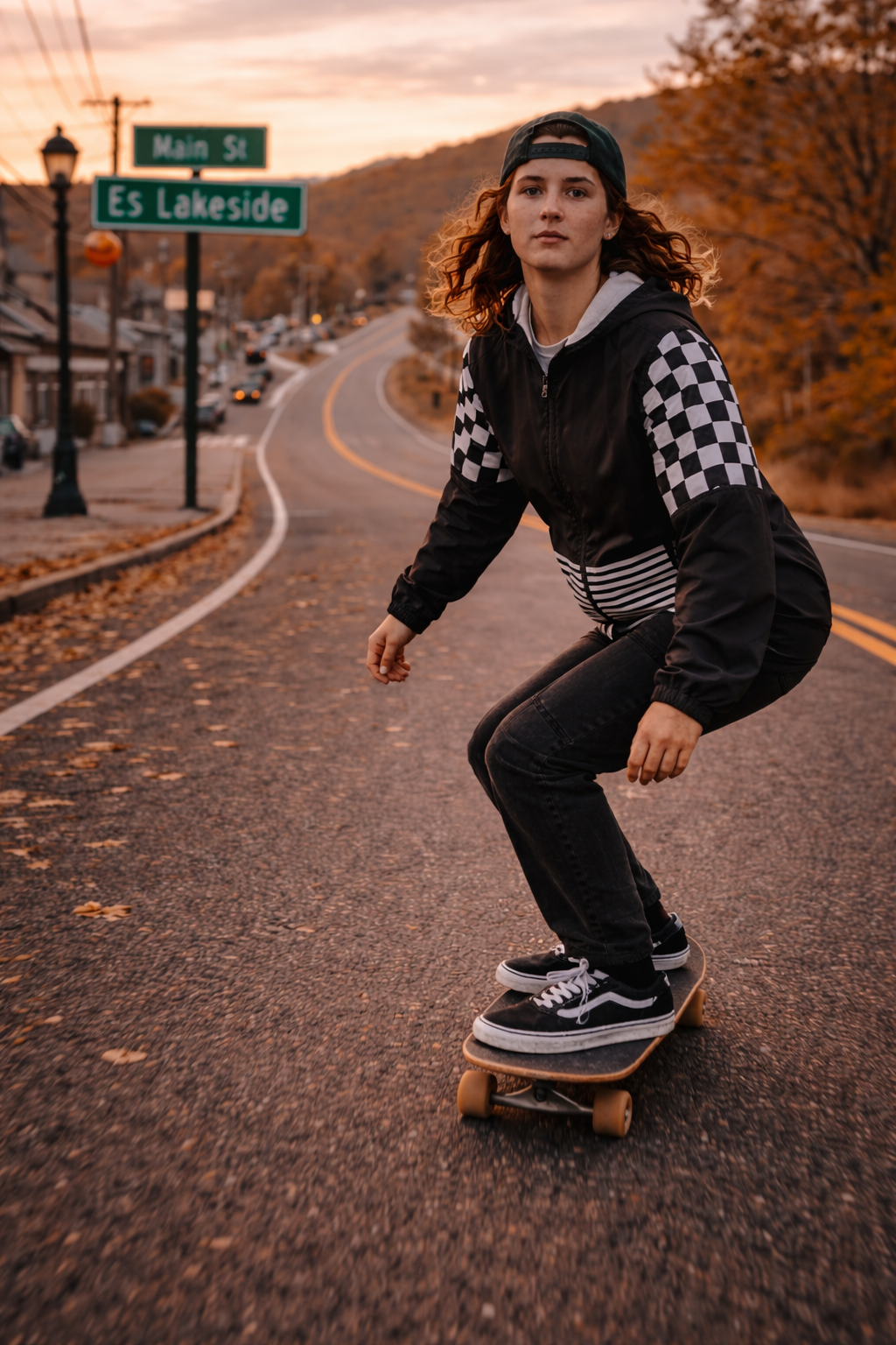 Young man skateboarding in Urban Lines Windbreaker with checkered sleeves at sunset