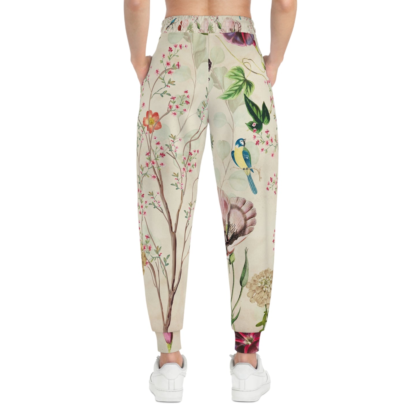Full-length back view of Wildflower Meadow Joggers with botanical flower illustrations, bird motifs, and comfortable unisex fit.