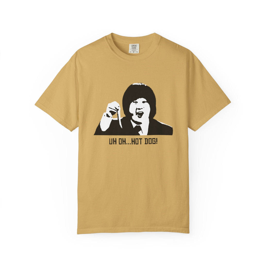 Tan Uh Oh Hot Dog T-shirt folded with Bobby Lee's graphic and quote.