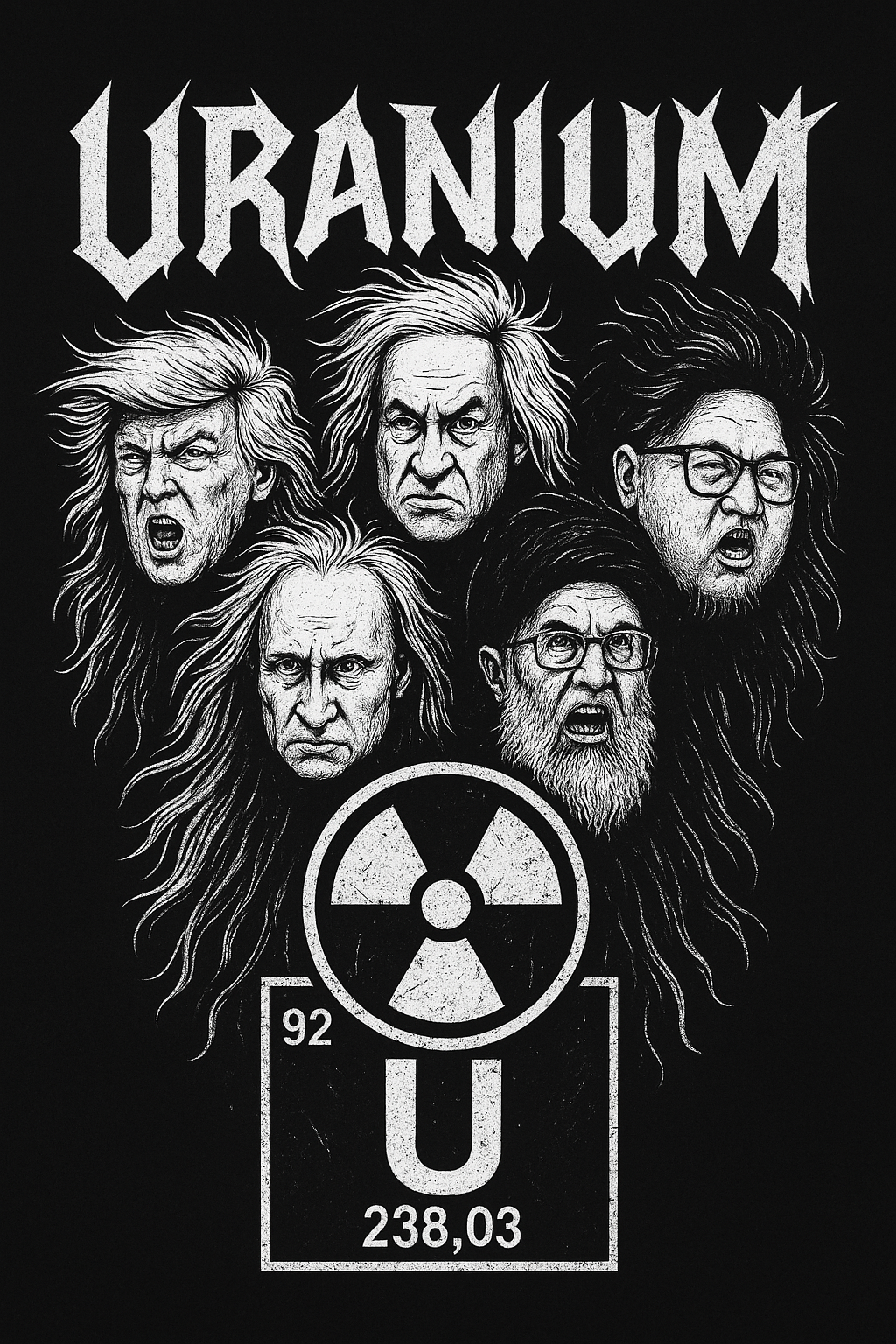 Illustration of world leaders styled as heavy metal band members beneath the word “Uranium,” symbolizing global nuclear tensions.
