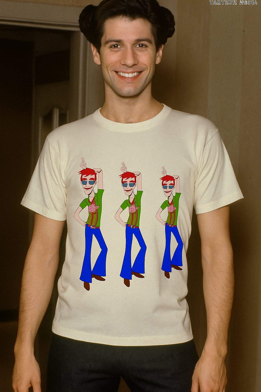 Man smiling in a retro-style t-shirt featuring a cartoon disco dancer in blue bell-bottoms and sunglasses, repeated three times.