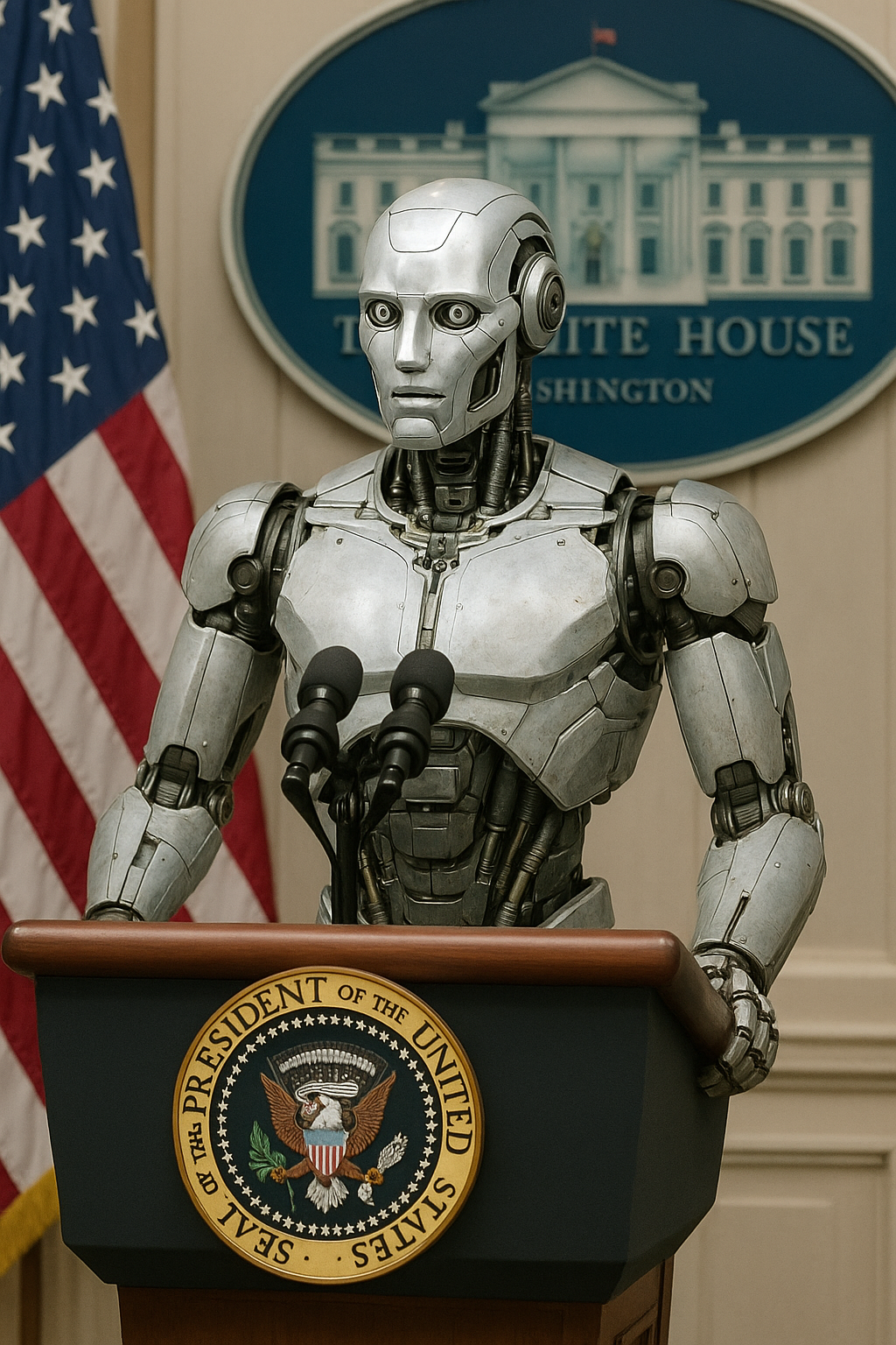 A realistic humanoid robot delivers a speech at the official White House press podium, symbolizing the rise of AI in political power.