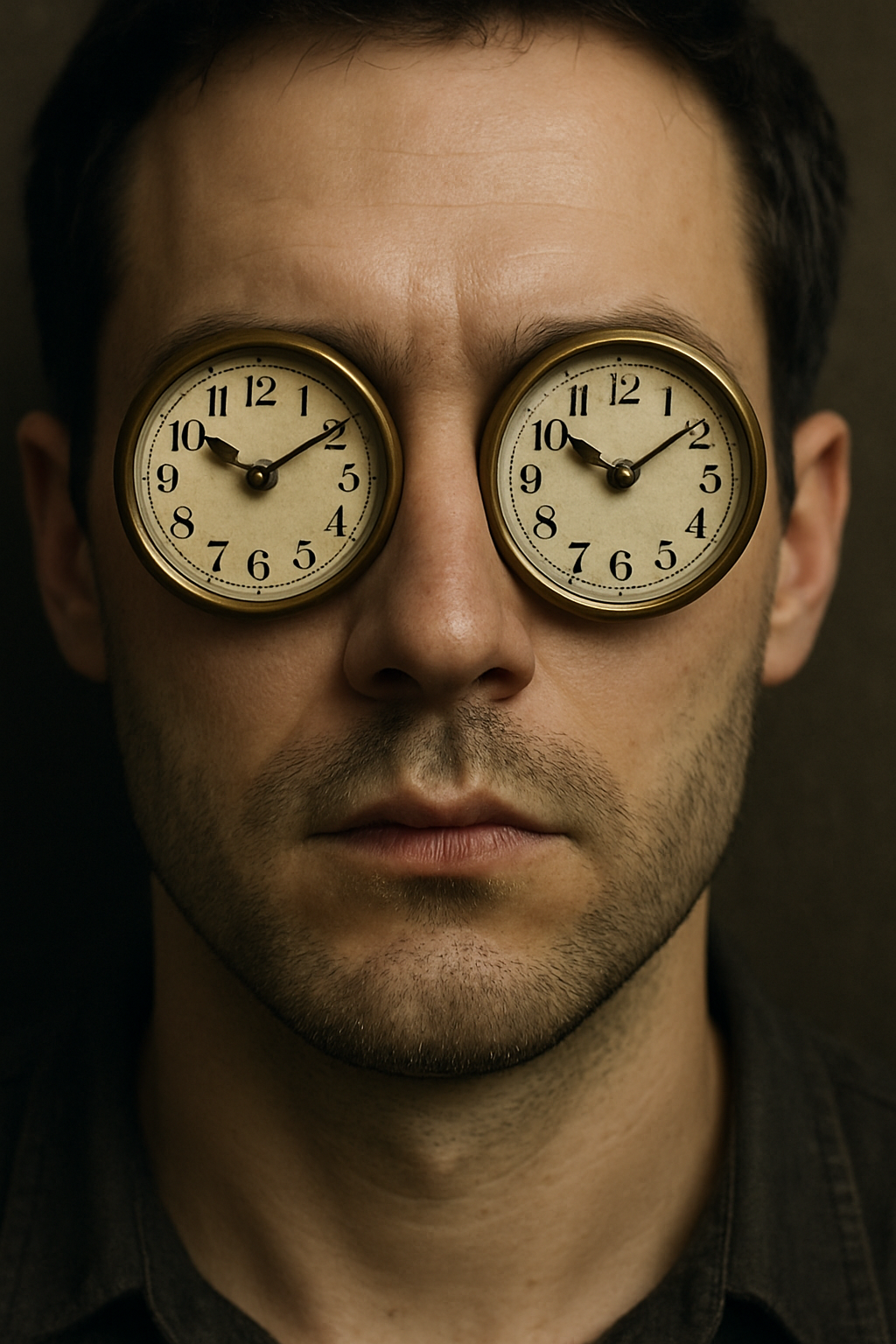 Man wearing vintage clock faces as glasses, symbolizing the concept of time perception and the value of time in modern life.