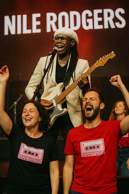 Nile Rodgers performing live on stage with electric guitar, joined by enthusiastic fans in retro cassette tape T-shirts