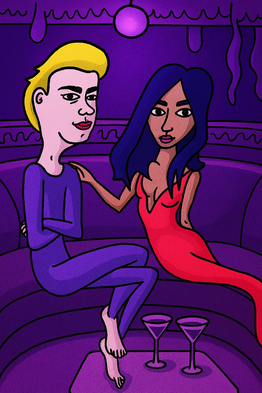 Illustration of a couple sitting in a purple lounge, with a man in a fitted lavender outfit and a woman in a red dress, suggesting a stylized, modern depiction of a lavender marriage.