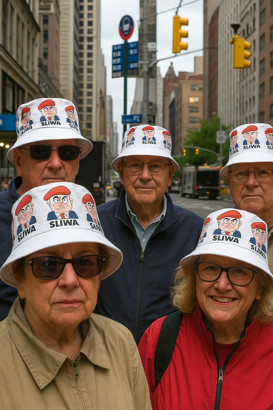Group of older New Yorkers wearing white bucket hats decorated with cartoon portraits of Curtis Sliwa and his name, standing on a Manhattan street.