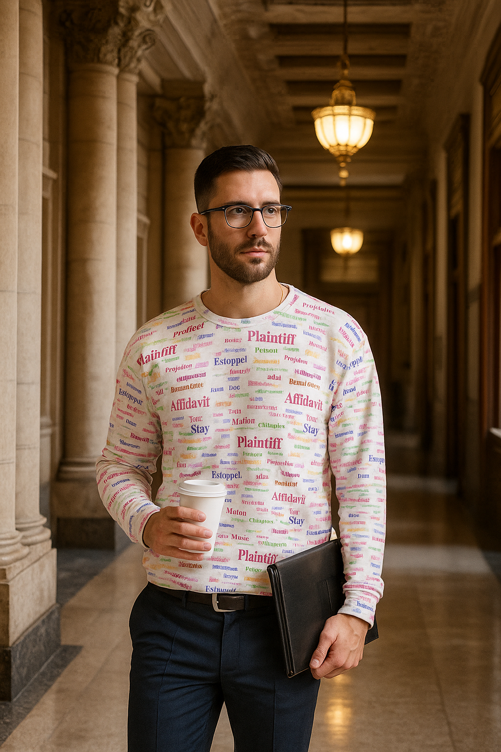 Man in a courthouse hallway wearing a colorful sweatshirt printed with legal terms, holding coffee and a folder.