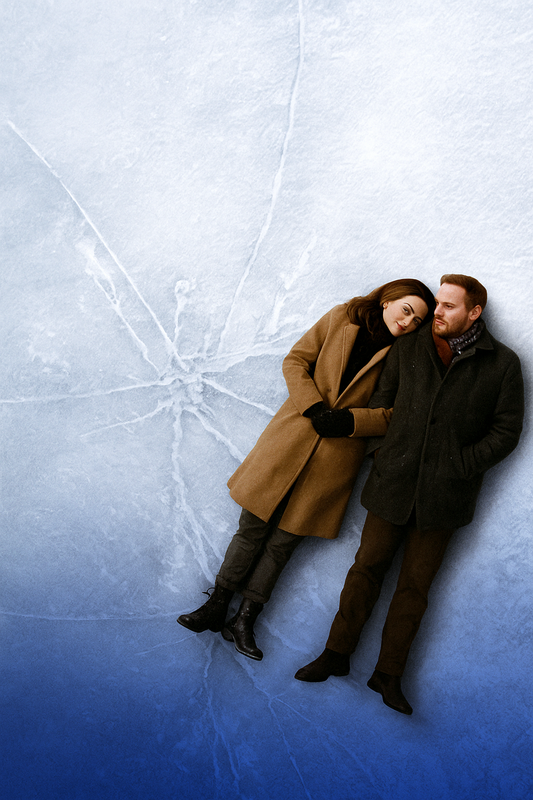 A couple in winter coats lying close together on cracked ice, gazing at each other with warmth and intimacy.