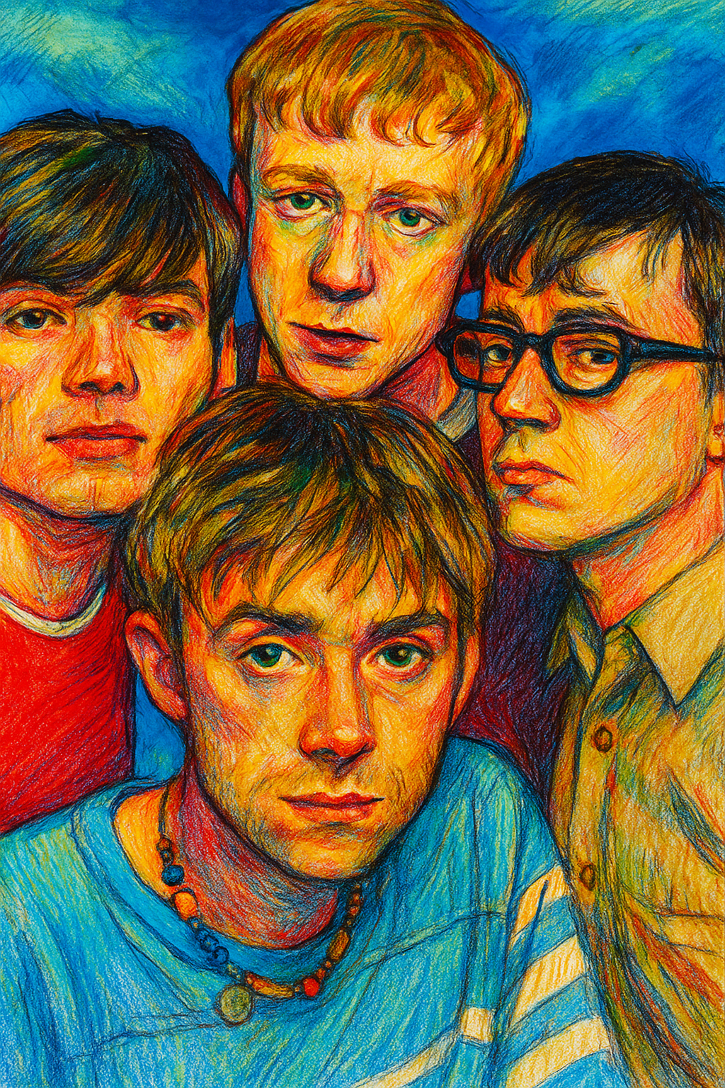 Colorful portrait illustration of Blur, the Britpop band, showing Damon Albarn with bandmates Graham Coxon, Alex James, and Dave Rowntree.
