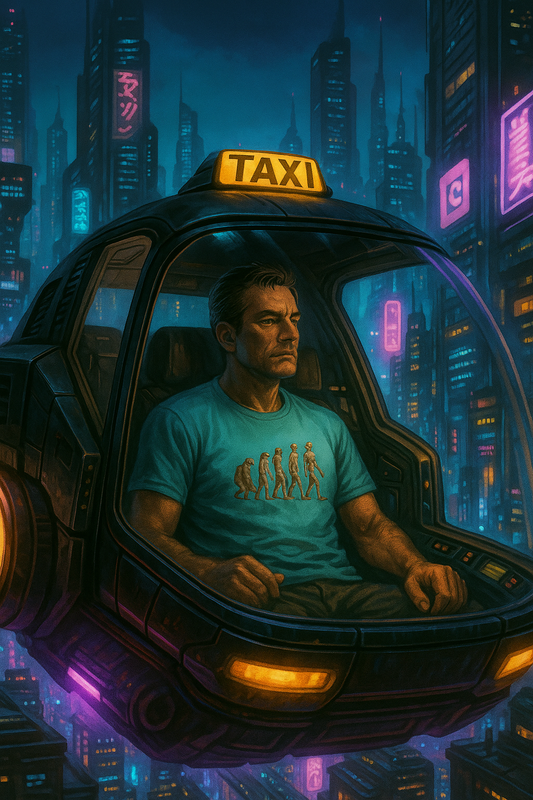 A man in a futuristic flying taxi wears a turquoise t-shirt with an evolution graphic, set against a neon-lit cyberpunk city skyline.