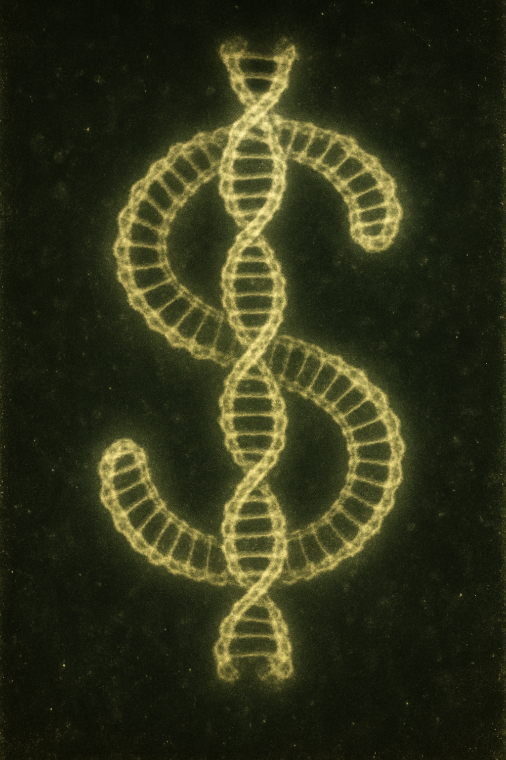 An artistic digital illustration of a DNA double helix shaped like a dollar sign, glowing in greenish-yellow against a dark background.