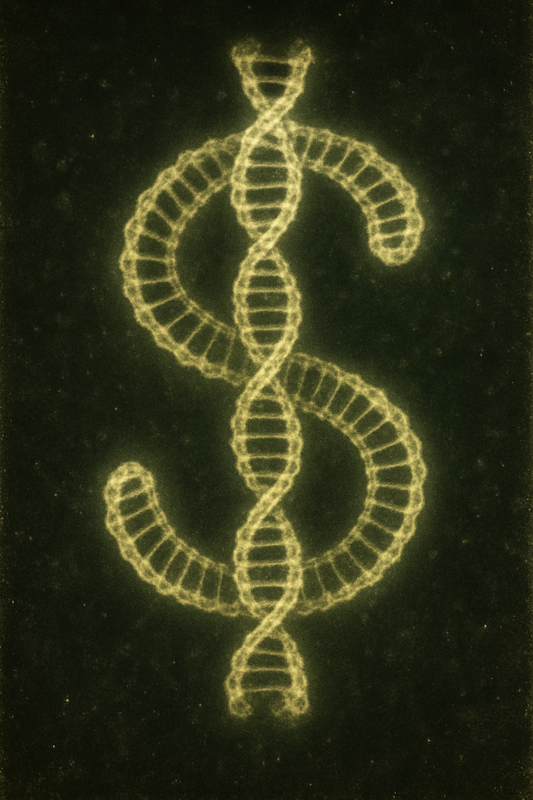 An artistic digital illustration of a DNA double helix shaped like a dollar sign, glowing in greenish-yellow against a dark background.