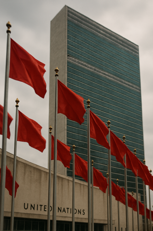 Red flags flying in front of the United Nations headquarters in New York, symbolizing warnings and controversy surrounding the organization.
