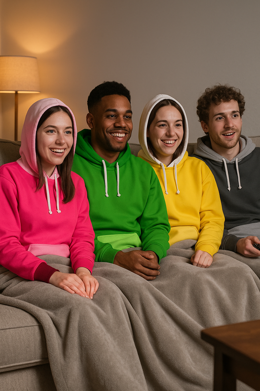 Four friends in comfy hoodies enjoy a night of rewatching their favorite shows, proving comfort and familiarity never go out of style.