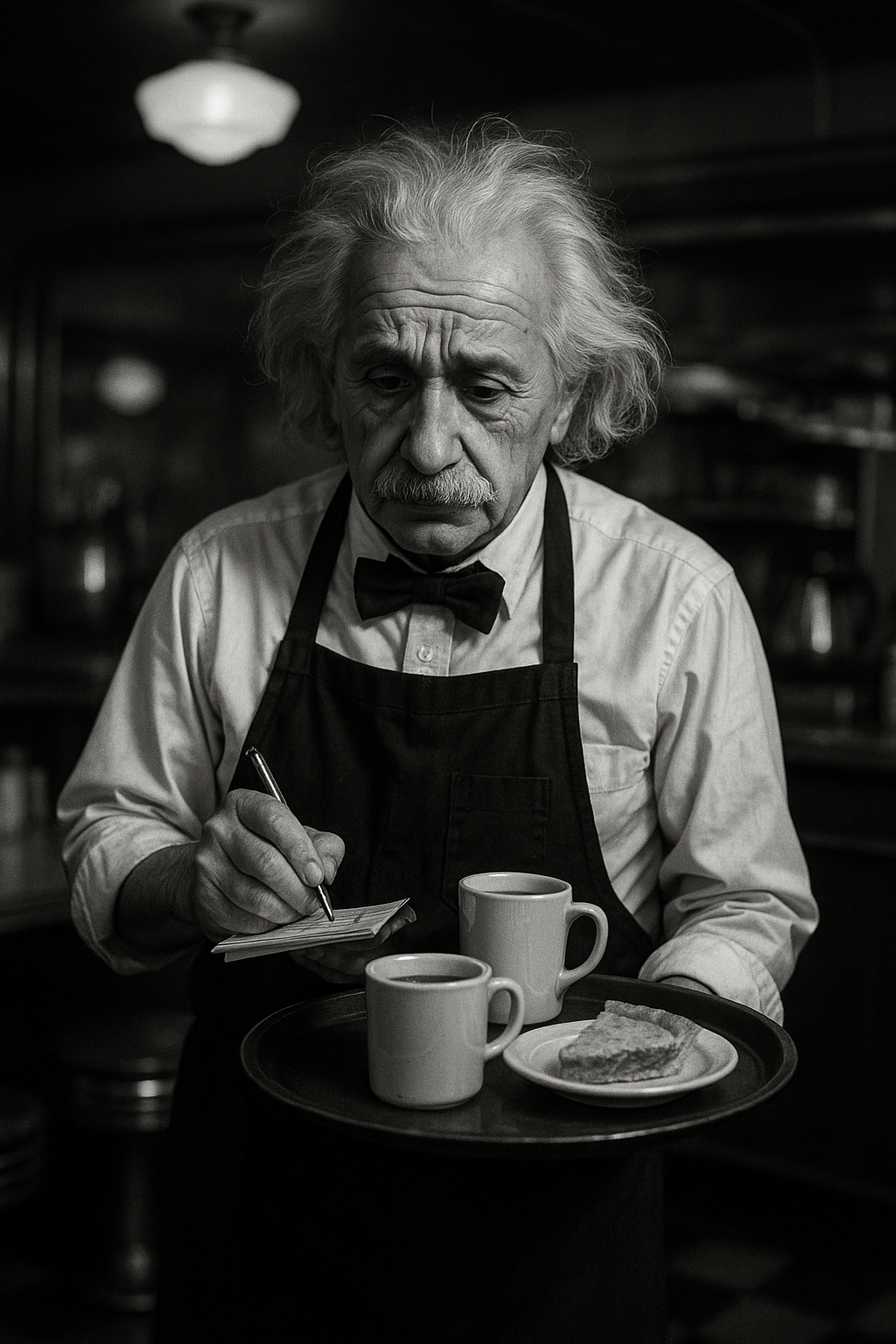 Black and white photo of an older man resembling Albert Einstein dressed as a weary diner waiter, holding a tray with coffee and pie.