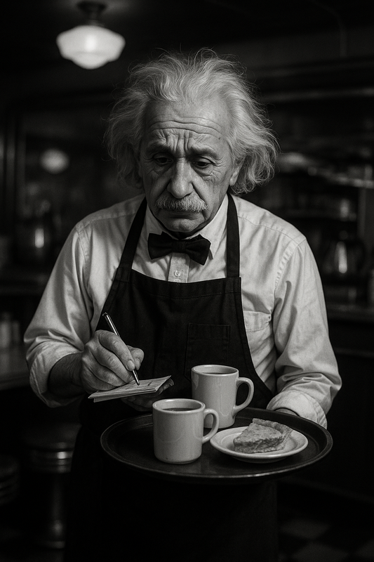 Black and white photo of an older man resembling Albert Einstein dressed as a weary diner waiter, holding a tray with coffee and pie.