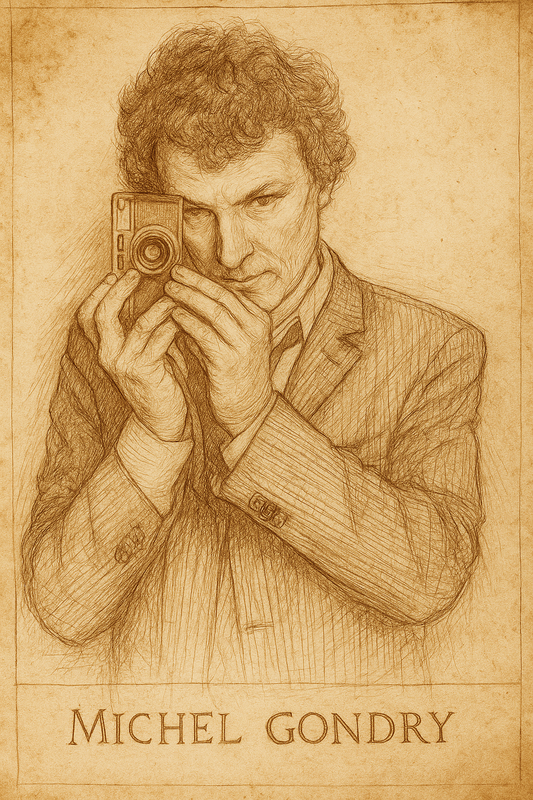 A sepia-toned pencil drawing of filmmaker Michel Gondry holding an old-fashioned camera to his eye, capturing his inventive spirit and love of analog creativity.